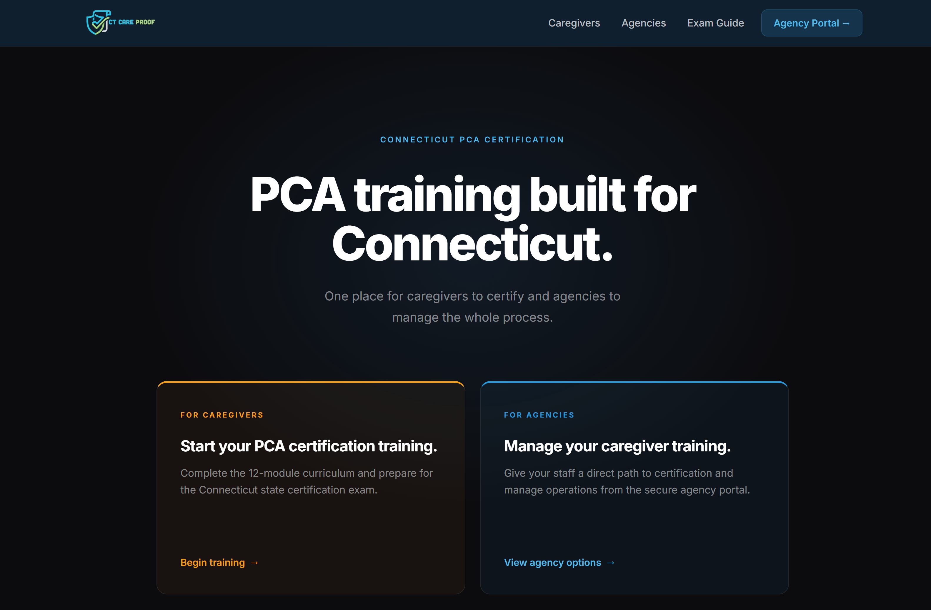 CTCareProof PCA training platform homepage for Connecticut agencies and caregivers